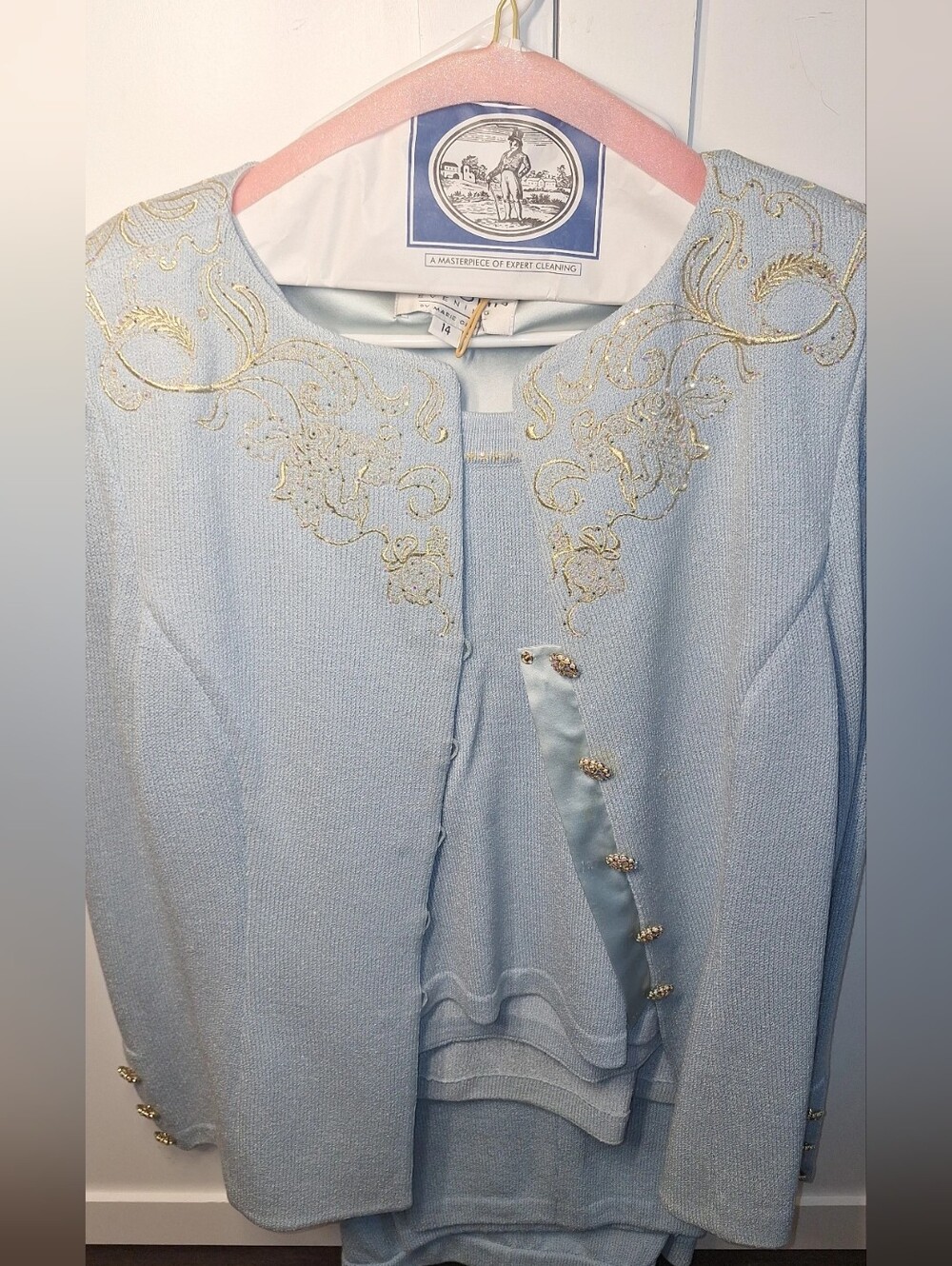 Saint John Evening Lighr Blue w/ Gold Detail Jacket, Top & Trousers Set EUC